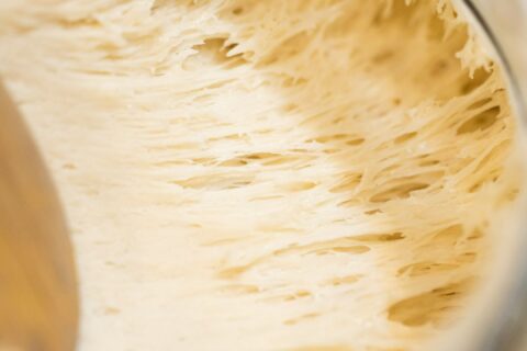A wooden spoon inside of a jar filled with liquid
