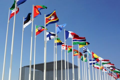 a bunch of flags that are flying in the air
