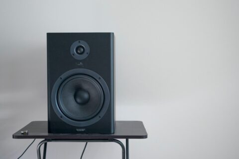 black speaker on table
