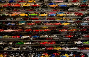 die-cast car collection on rack