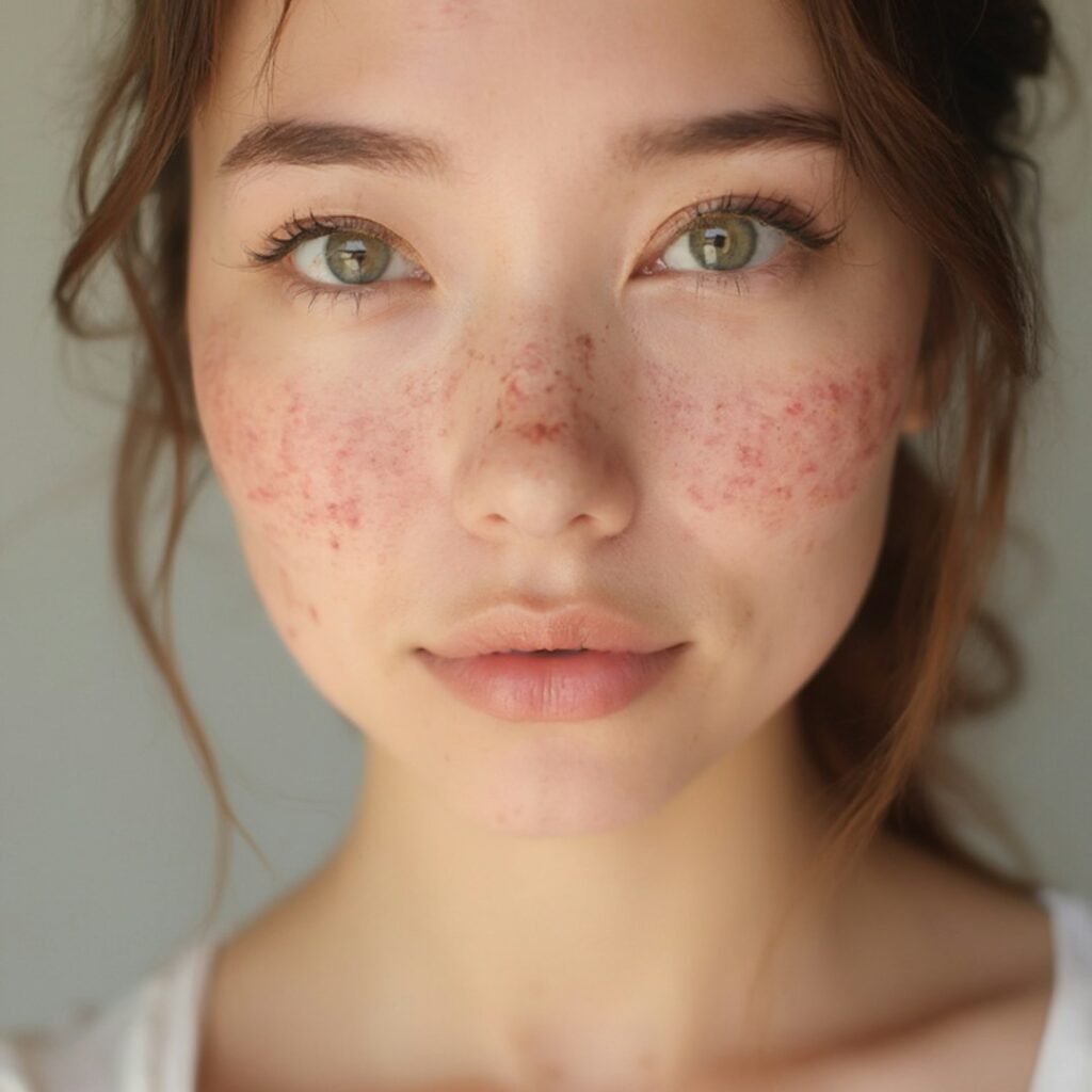 A person with green eyes and freckles across their cheeks and nose