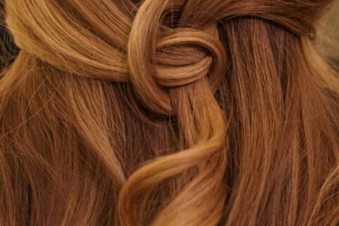 A knot of auburn hair pulled back from the sides into a central twist