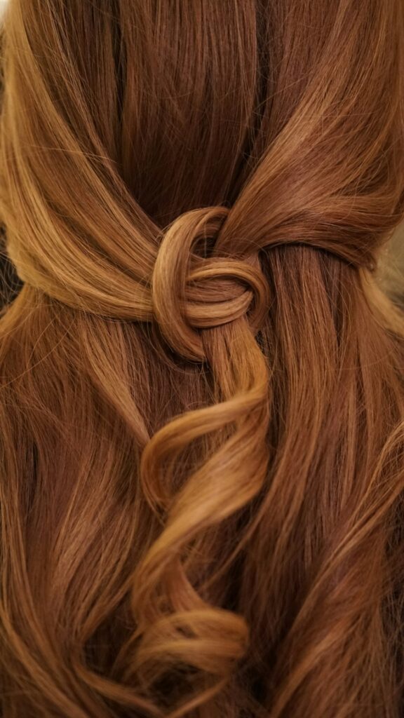 A knot of auburn hair pulled back from the sides into a central twist